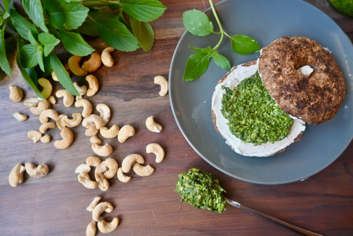 Nuts and pastry with green and white dip